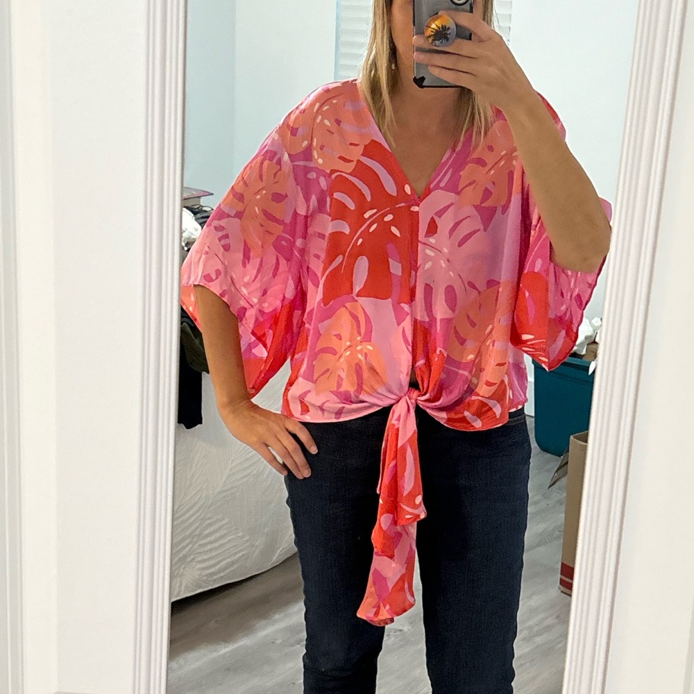 Pink and Orange Tie-Front Blouse
